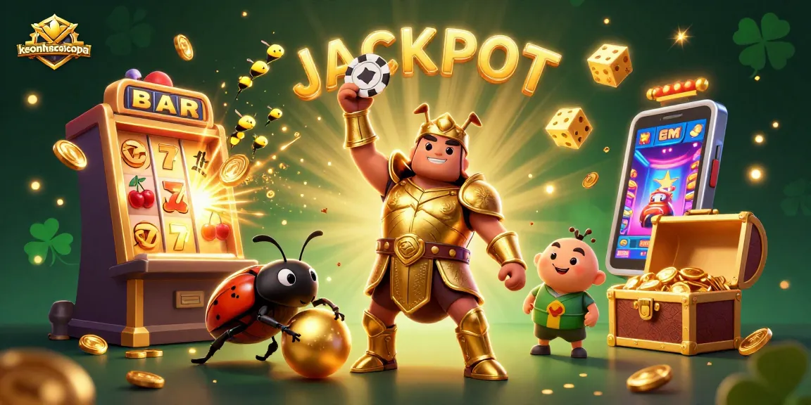 Spin to win with keonhacaicopa, featuring cartoon beetles in a vibrant casino scene.