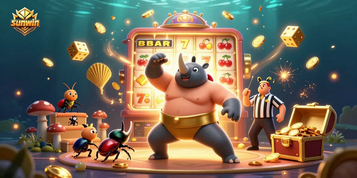 Win exciting rewards at Sunwin with a vibrant 3D casino scene showcasing games, jackpots, and animated characters.