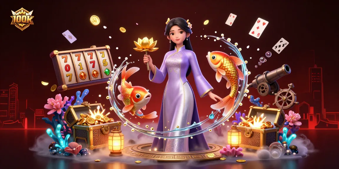 Engage with 100WIN's vibrant casino scene featuring an elegant woman and dynamic gaming elements.