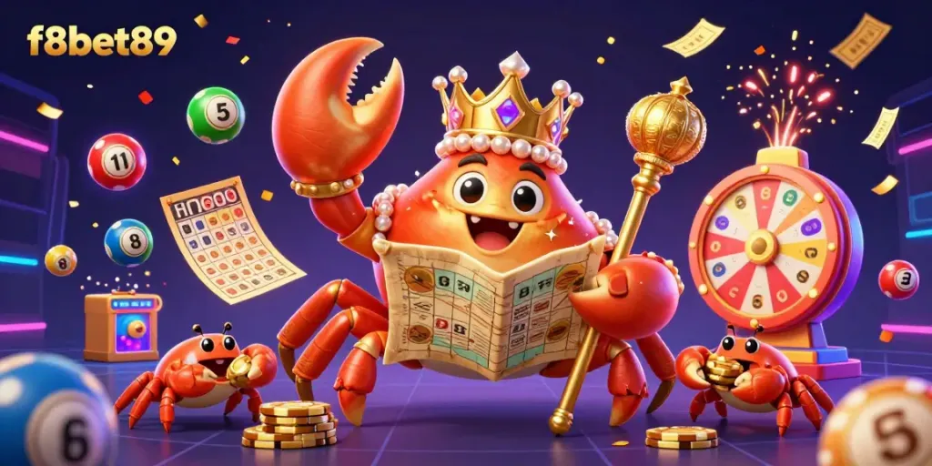 Engage with thrilling f8bet89 casino fun, featuring a golden crab emperor amidst lottery excitement.