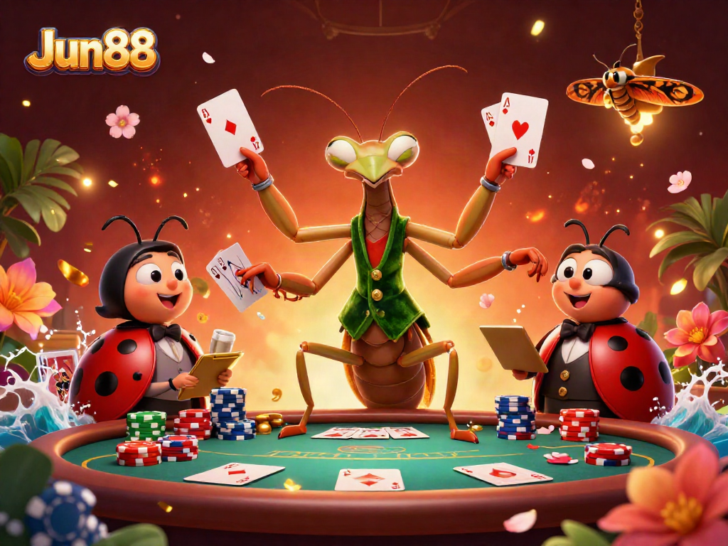 Win big with Jun88 at a lively poker scene featuring unique characters and vibrant game elements.