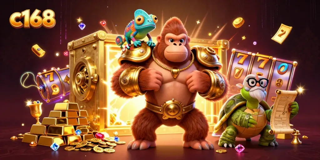 Engage with c168's vibrant casino experience featuring a gorilla king, chameleon, and tortoise amidst slot jackpots.
