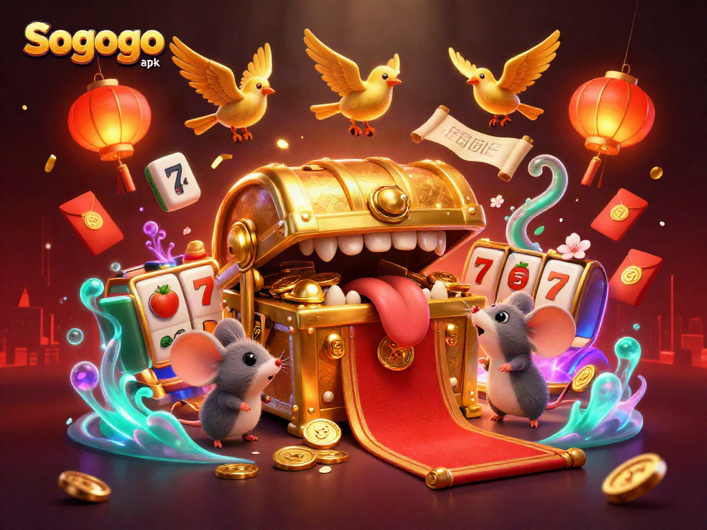 Engage with Sogogo apk in a vibrant 3D casino scene filled with treasures, slot reels, and festive decor.
