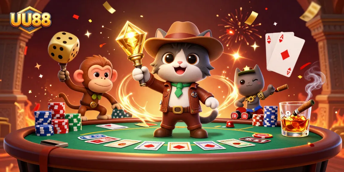 Experience excitement at UU88 with the gold-hunting cat and monkey in a vibrant casino scene.