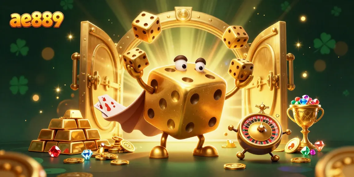 Experience the excitement at ae889 with golden dice, vibrant casino elements, and dynamic characters.