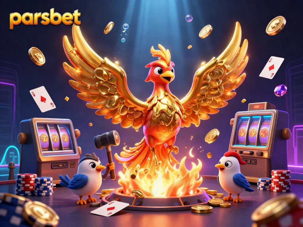 Join the excitement at parsbet with a vibrant casino scene featuring a golden phoenix, cascading coins, and royal flush cards.