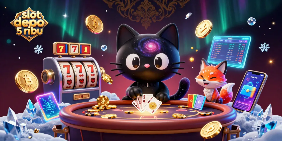 Engage with slot depo 5 ribu as a black hole cat pulls in chips and cards in a vibrant cosmic casino scene.