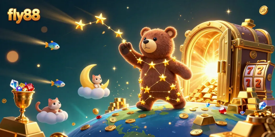 Fly88 captures thrilling casino action with golden treasures and animated characters for an engaging gaming experience.