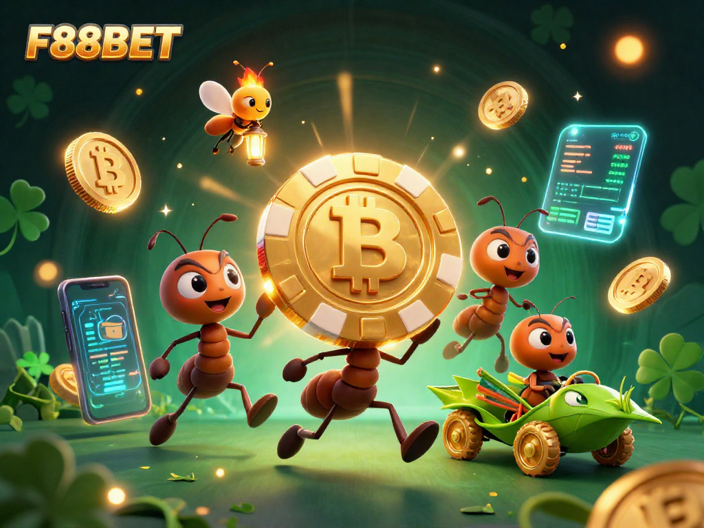 F88BET ants carrying a giant poker chip in a vibrant 3D gambling scene filled with crypto coins.