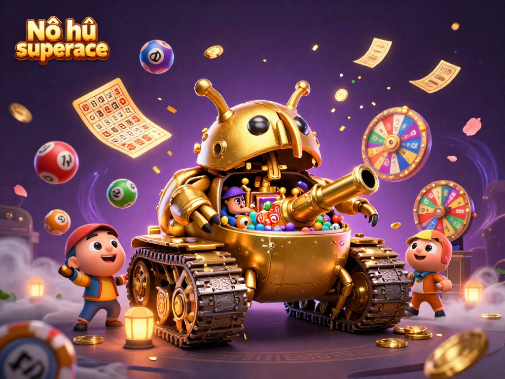 Nổ hũ superace reveals a vibrant casino scene with confetti and energetic lottery elements.