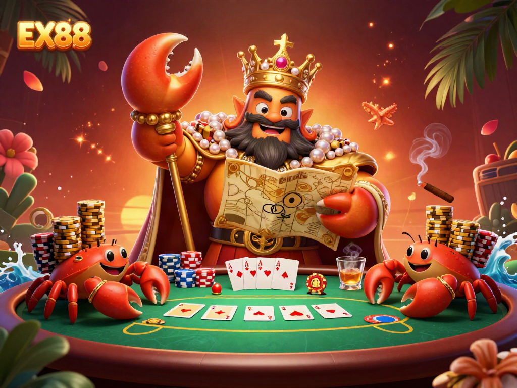 Experience EX88's vibrant casino atmosphere with a golden crab emperor and poker-themed decor.