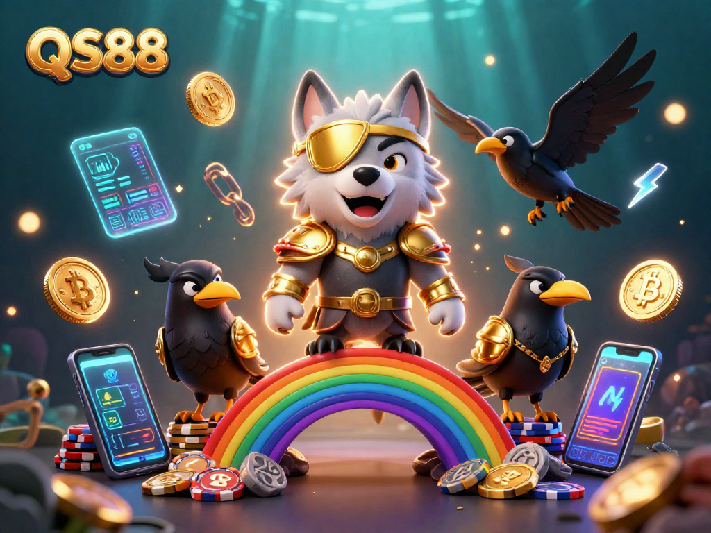 Experience thrilling gaming action at QS88 with a dynamic 3D casino scene featuring Norse characters and crypto elements.