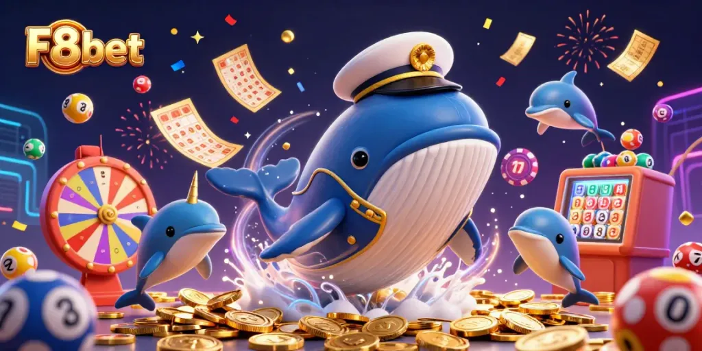 F8bet's vibrant world of winning with a whale, narwhal, and playful dolphins celebrating in a casino-themed scene.