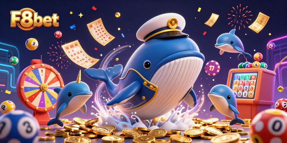 F8bet's vibrant world of winning with a whale, narwhal, and playful dolphins celebrating in a casino-themed scene.