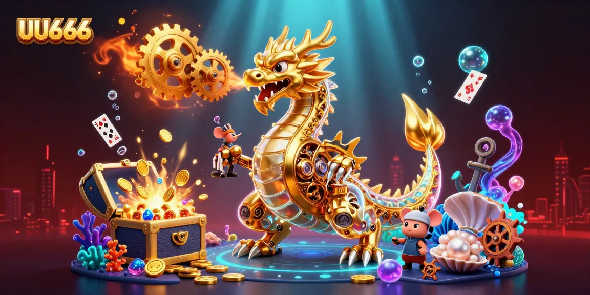 Experience the thrill of UU666 with a dynamic illustration of a golden dragon amidst casino treasures and gaming elements.