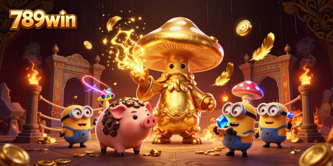 Experience thrilling gameplay at 789win with fantastical characters and treasures in an energetic casino scene.