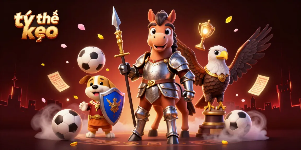 Engage in live sports betting with tỷ lệ kèo, showcasing a dynamic scene with a knight and puppy alongside vibrant gaming elements.