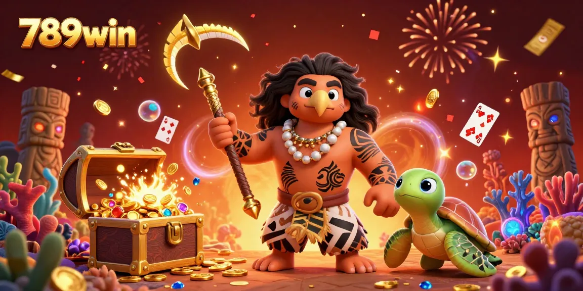 Engage with 789win's exciting 3D casino scene featuring glowing elements, treasure chests, and playful characters.