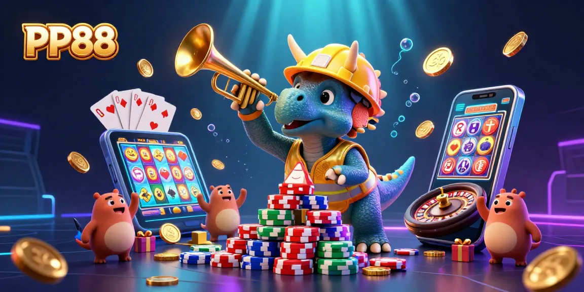 Experience the excitement of PP88 online gambling with a vibrant scene featuring casino elements and 3D characters.