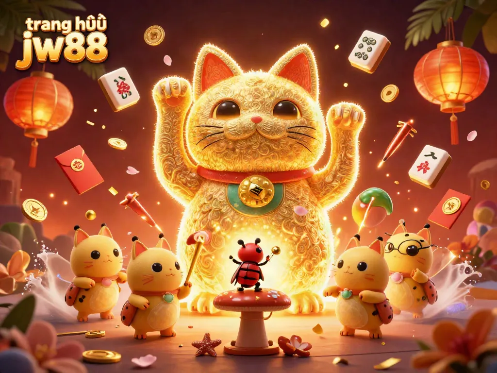 Experience the excitement of trang chủ jw88 with a dynamic golden lucky cat illustration surrounded by vibrant casino elements.
