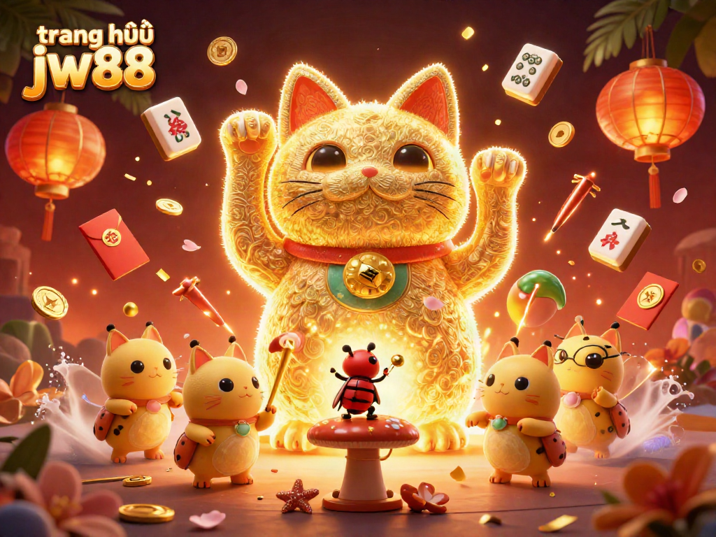 Experience the excitement of trang chủ jw88 with a dynamic golden lucky cat illustration surrounded by vibrant casino elements.