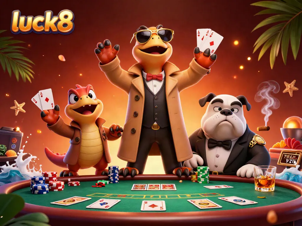 Navigate the VIP casino lounge at luck8 with raptors in disguise, showcasing poker excitement.