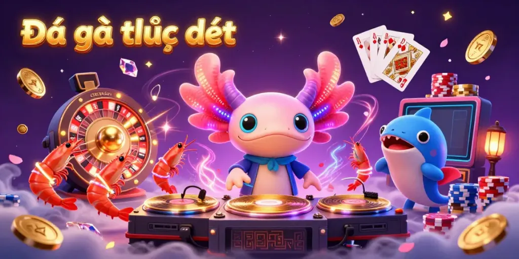 Experience the thrill of Đá gà trực tiếp with a lively 3D cartoon scene featuring an axolotl DJ and dancing shrimp.