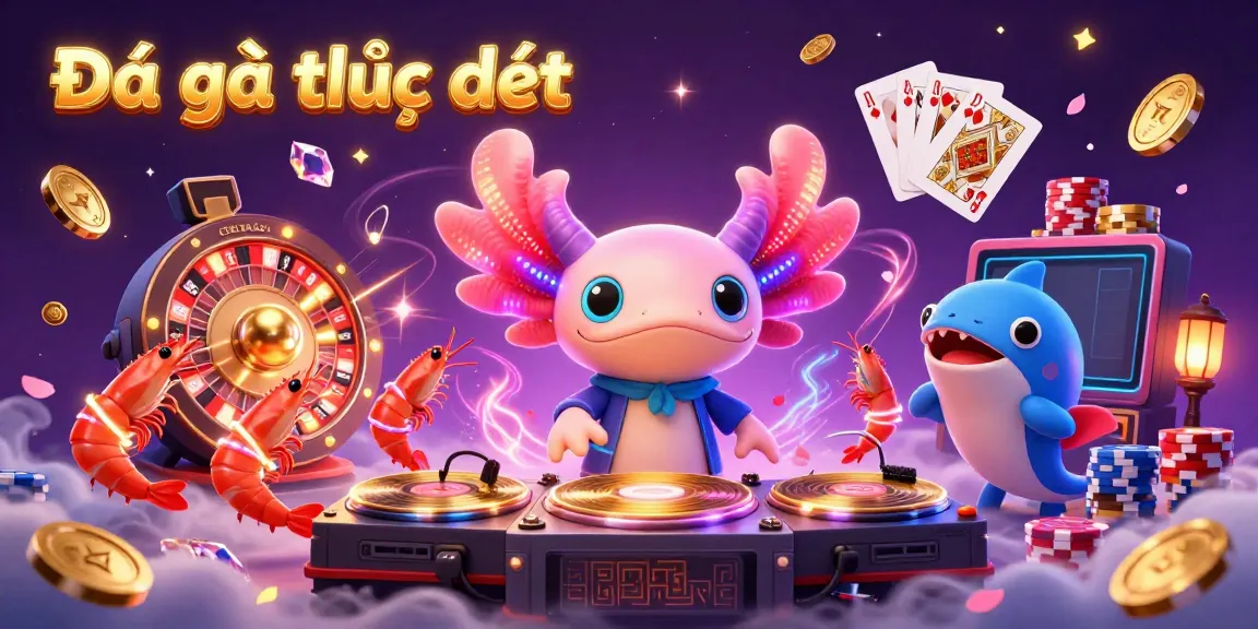 Experience the thrill of Đá gà trực tiếp with a lively 3D cartoon scene featuring an axolotl DJ and dancing shrimp.