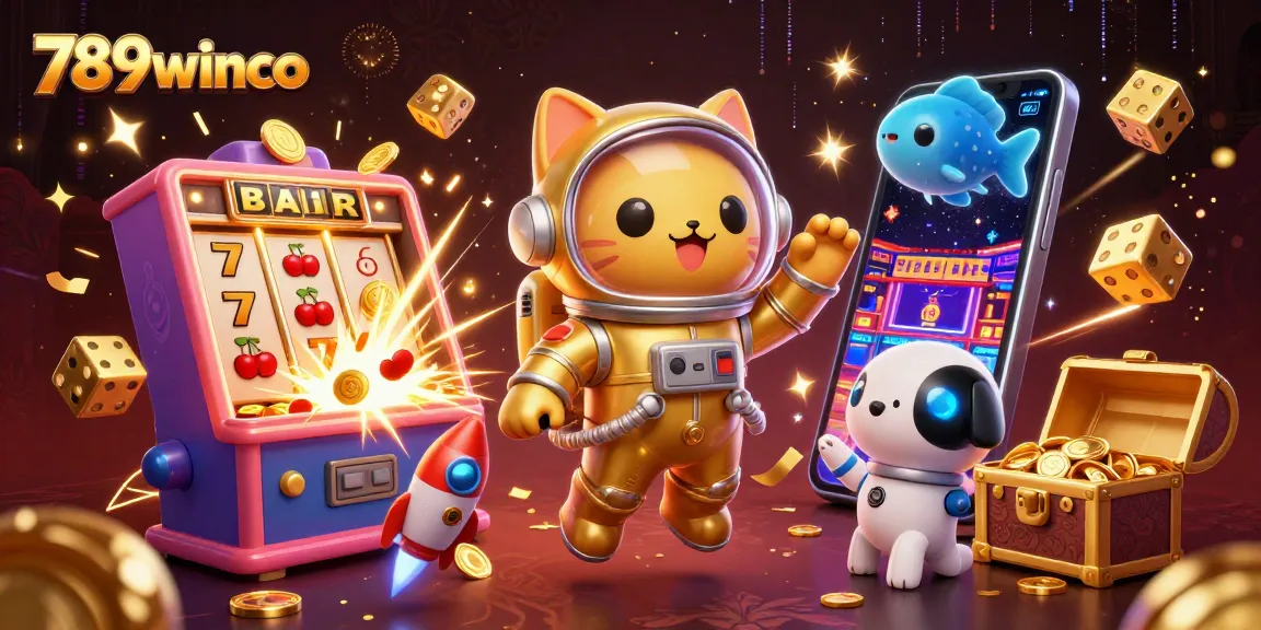 Engage in thrilling adventures at 789winco with a cat astronaut and a treasure-filled slot machine scene.
