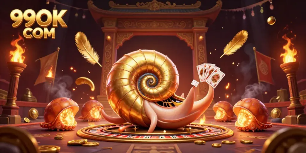 Engage with thrilling gameplay at 99OK COM as a giant nautilus offers cards in a vibrant casino atmosphere.