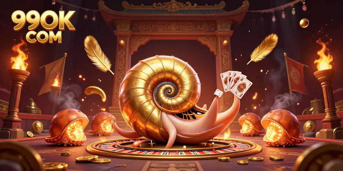 Engage with thrilling gameplay at 99OK COM as a giant nautilus offers cards in a vibrant casino atmosphere.