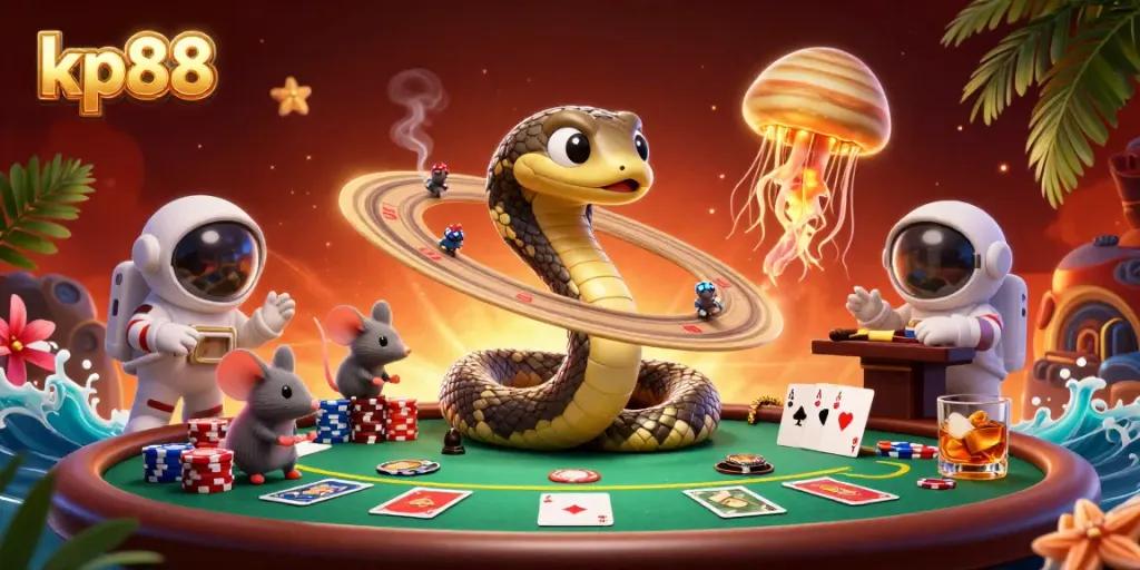 Engage with the excitement of kp88 as astronaut mice bet on Saturn's roulette wheel with cosmic dealer jellyfish.