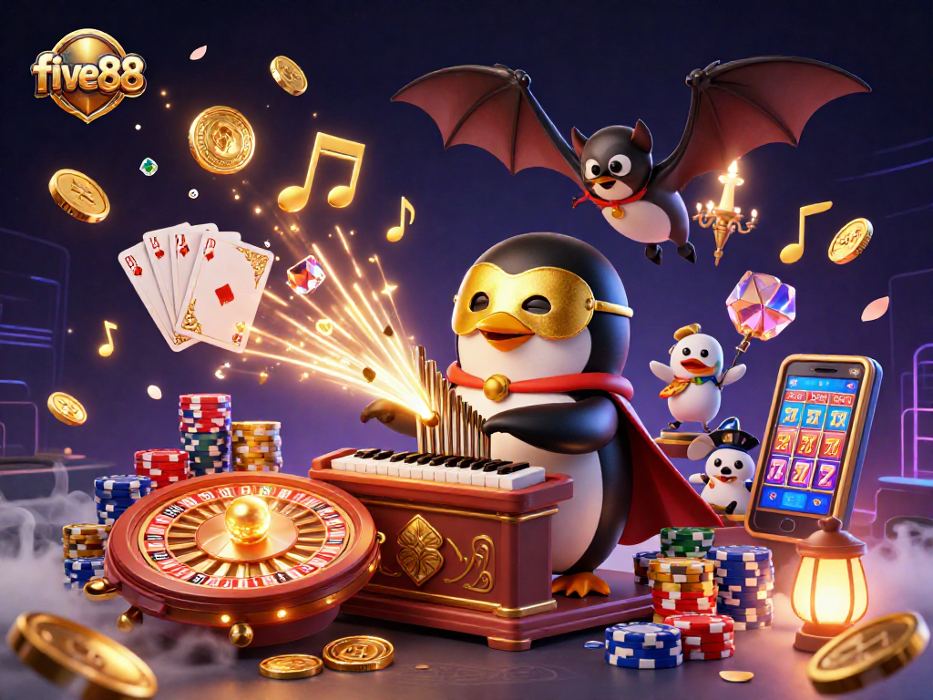 Experience the excitement of five88 through vibrant slots, golden coins, and dynamic game elements in this 3D illustration.