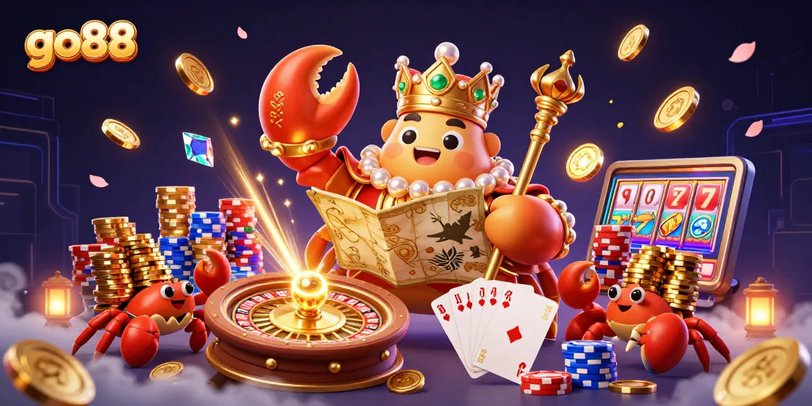 Engage with go88's thrilling gaming adventure featuring a golden crab emperor amid cascading treasures.
