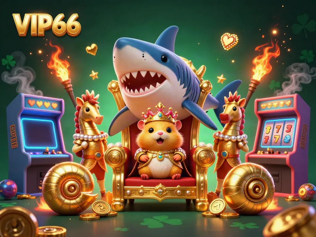 Experience the vibrant world of VIP66 with a golden hamster king, gaming machines, and colorful casino elements!