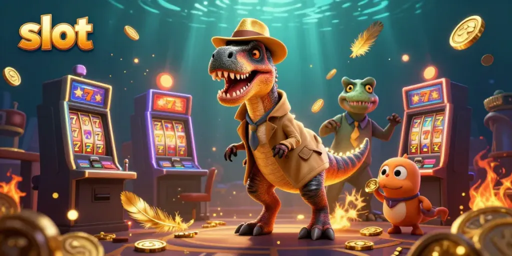 Experience thrilling slot gameplay with lively velociraptor and companions in a vibrant casino setting.