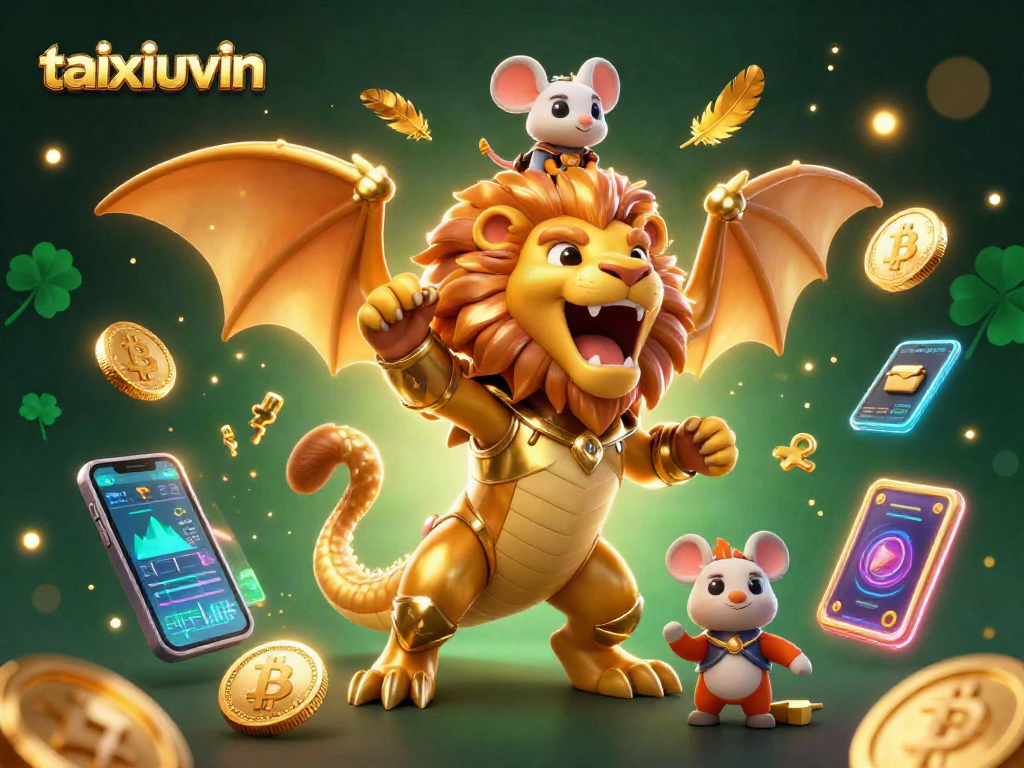 Experience high-stakes gameplay at taixiuvin with a dynamic 3D casino illustration featuring crypto elements.