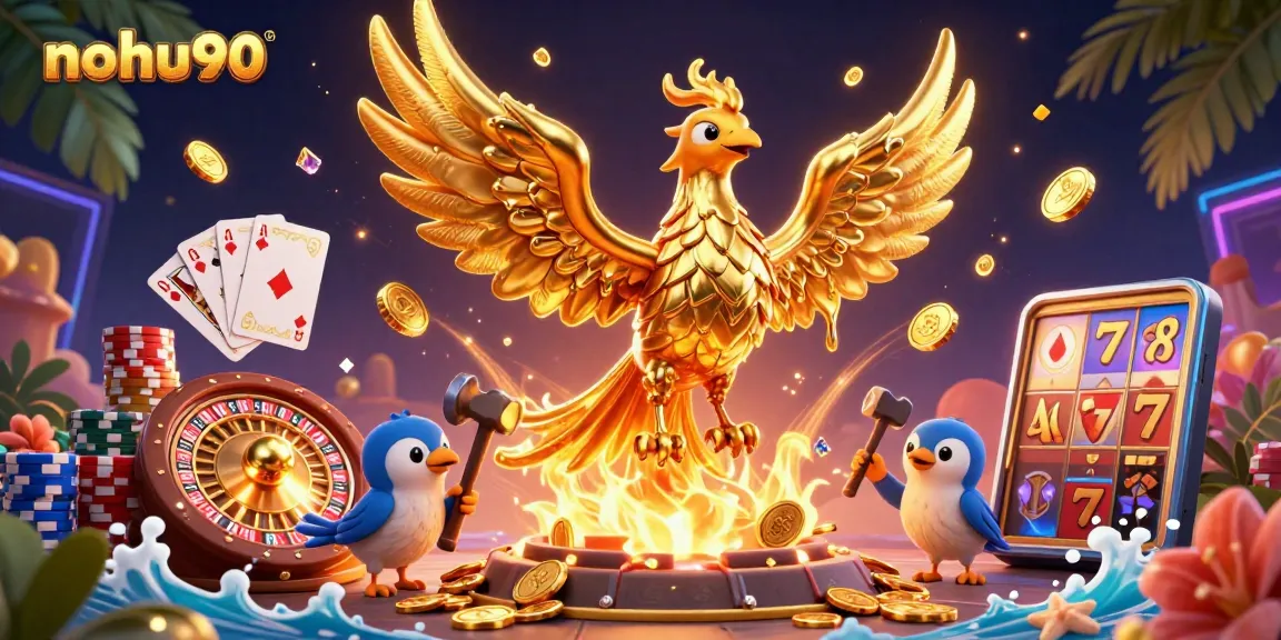 Nohu90 gamers spin golden coins and play cards in a dazzling casino illustration.