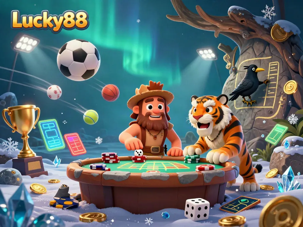 Join the thrilling Lucky88 casino experience with this lively 3D illustration featuring a caveman and sabertooth duo.
