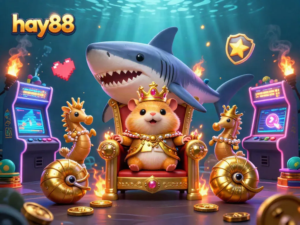 Experience winnings with hay88 as a fierce golden hamster king thrives amidst vibrant casino-themed elements.