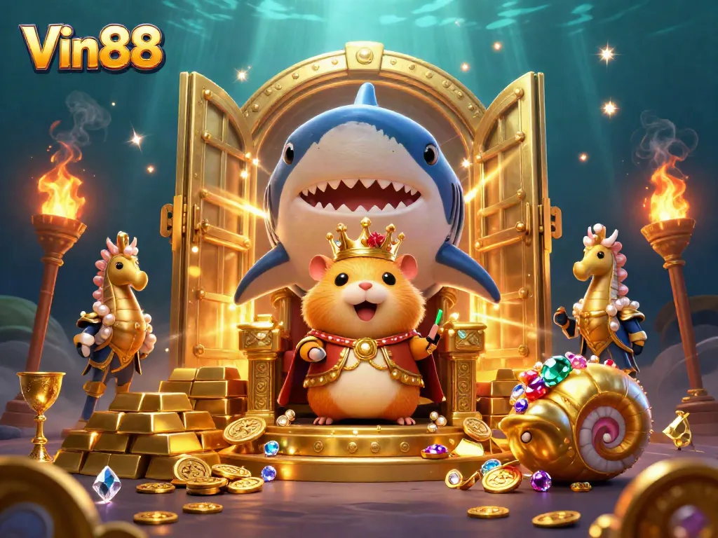 Experience thrilling casino adventures at Vin88 with a majestic hamster king, treasure, and excitement.