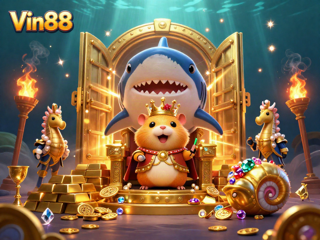 Experience thrilling casino adventures at Vin88 with a majestic hamster king, treasure, and excitement.