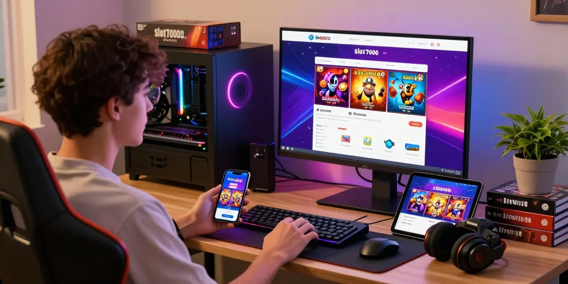 Experience slot7000 gaming with a vibrant APK interface on multiple devices.