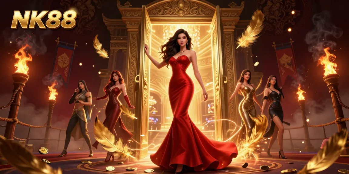 Engage with NK88 to experience a lavish casino adventure featuring a beautiful character in a stunning outfit.