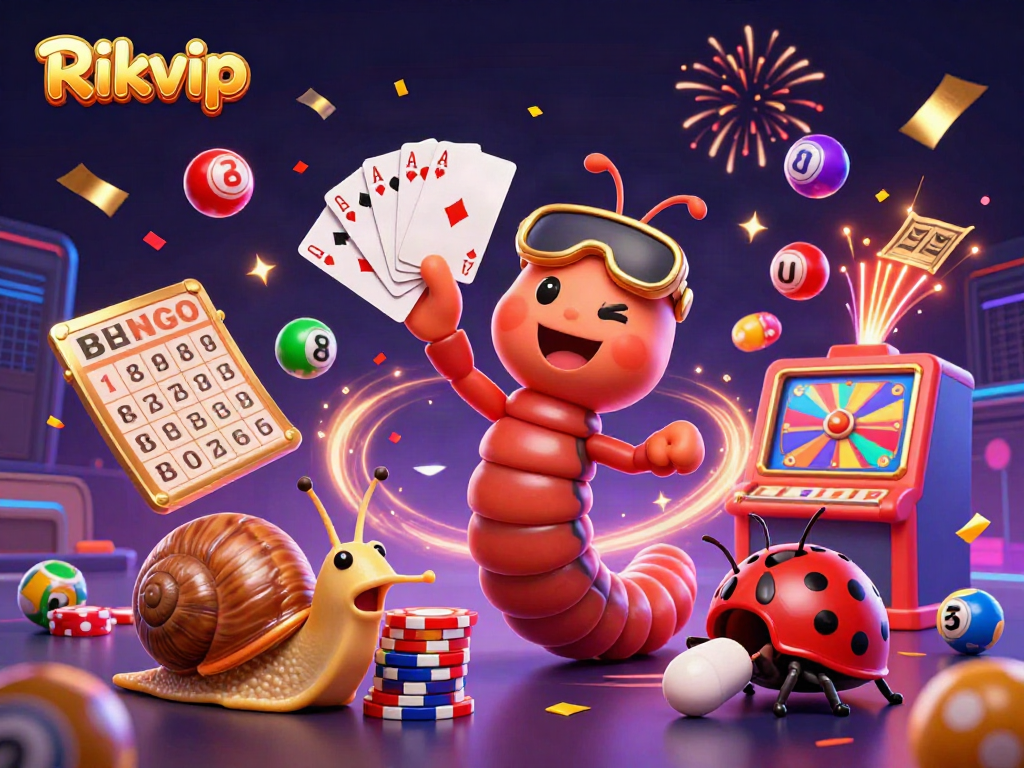 Experience the thrill of Rikvip with a lively 3D casino scene featuring a millipede dealer, high-roller snail, and exciting gaming elements.