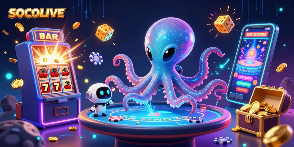 Experience SOCOLIVE with an alien octopus at a holographic poker table amidst casino chaos.