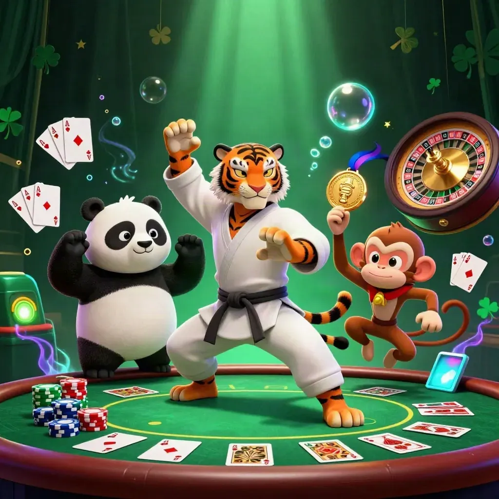 Tiger, panda, and monkey in a neon casino battle with cards, chips, and roulette wheel