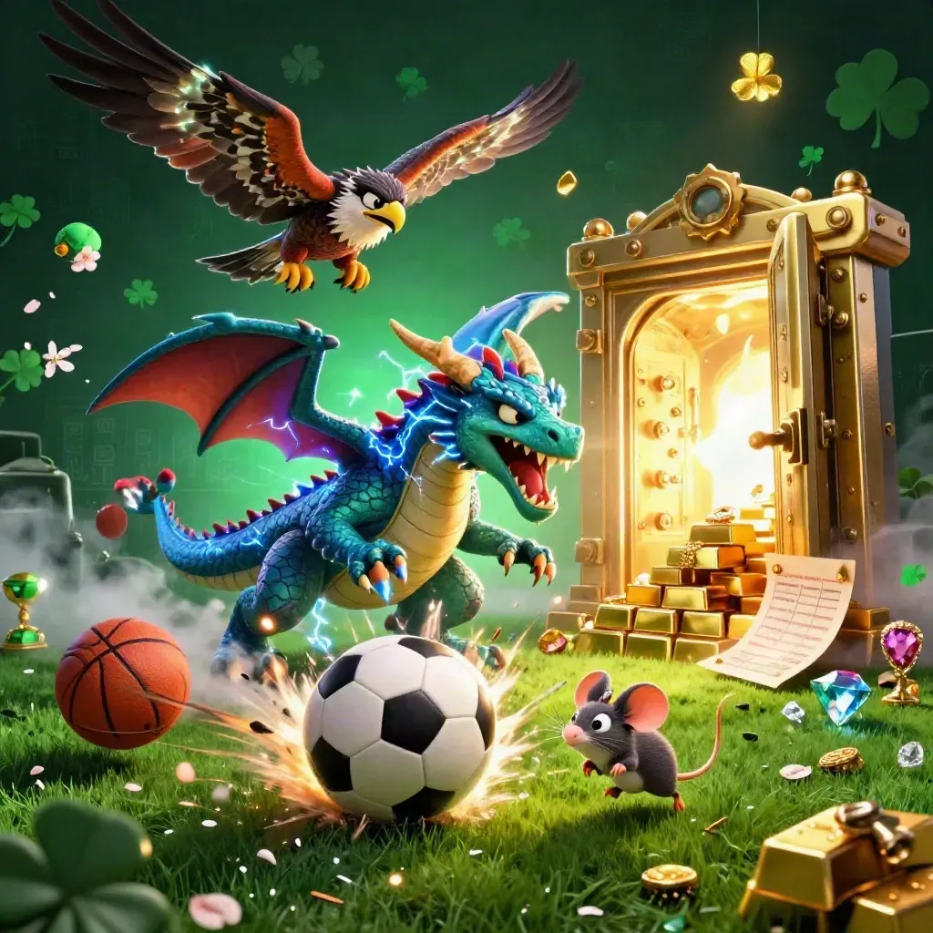 Thunder dragon, wind hawk, and static mouse amid a vault burst and flying sports gear.