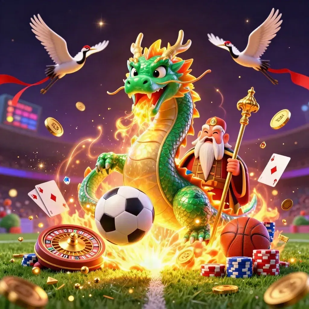 Jade dragon, turtle sage, and cranes burst around a mid-flight soccer ball amid casino magic.