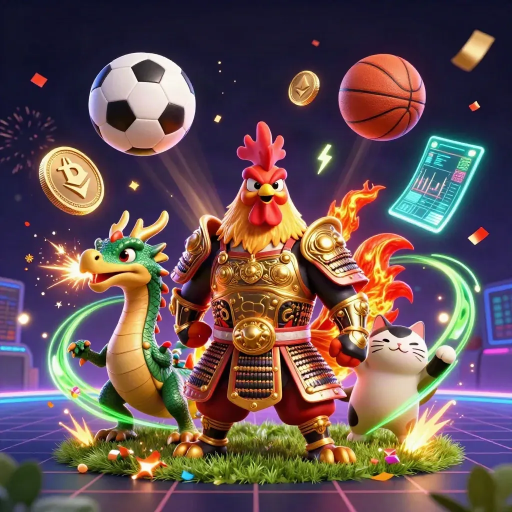 Rooster warrior, dragon hatchling and fortune-cat amid neon casino sports chaos and flying coins.